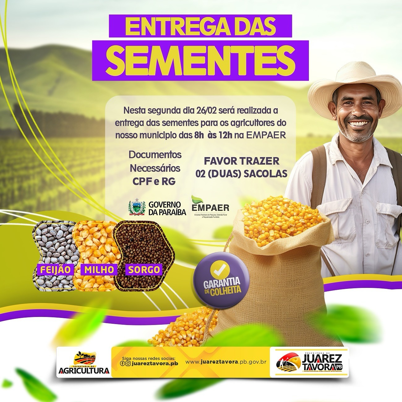 EMPAER e Secretaria de Agricultura fará entrega de sementes de feijão, milho e sorgo na próxima segunda-feira (26)