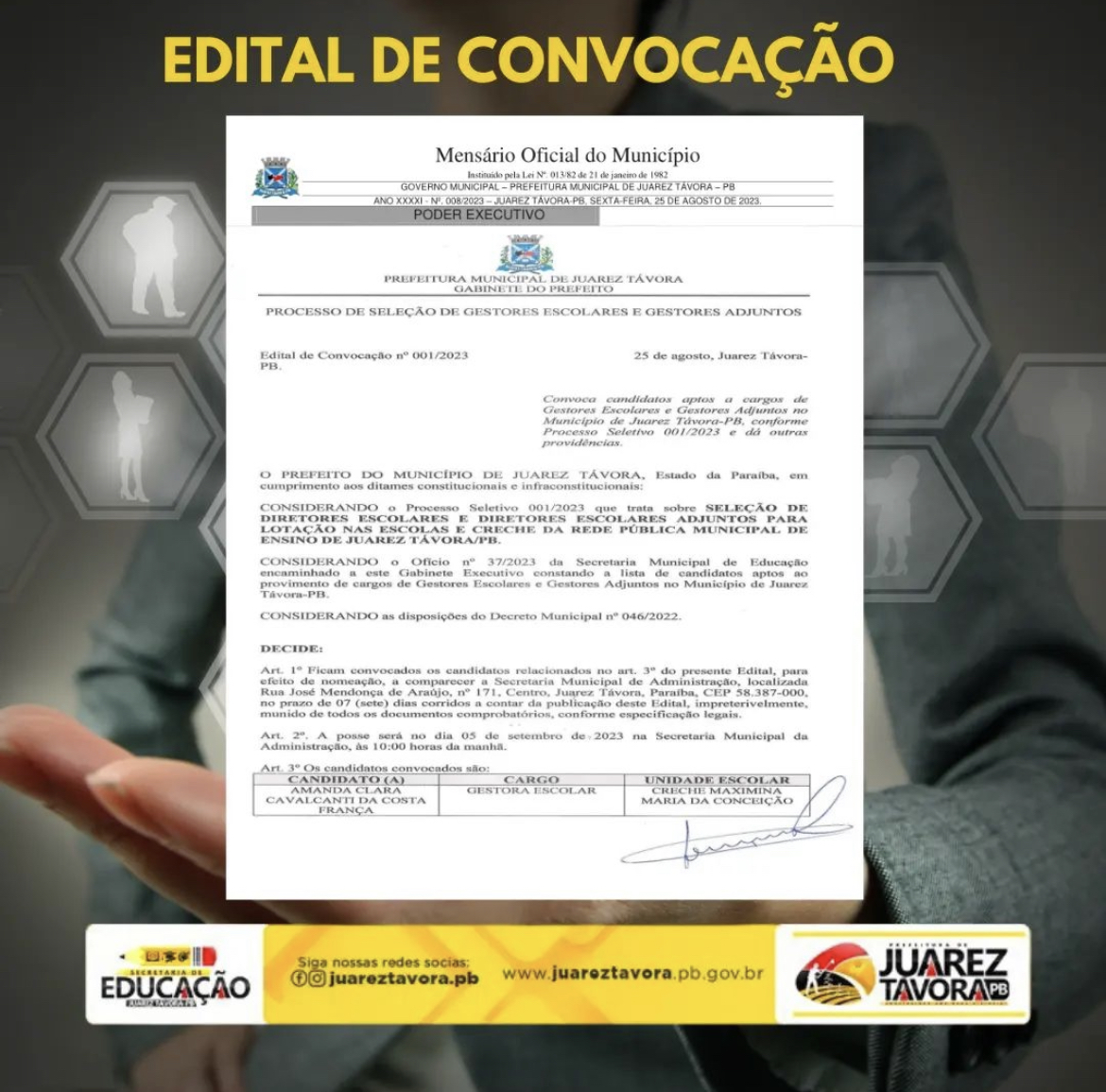 Prefeitura Municipal de Juarez Távora emite Edital de Convocação para Gestores Escolares e Gestores Escolares Adjuntos
